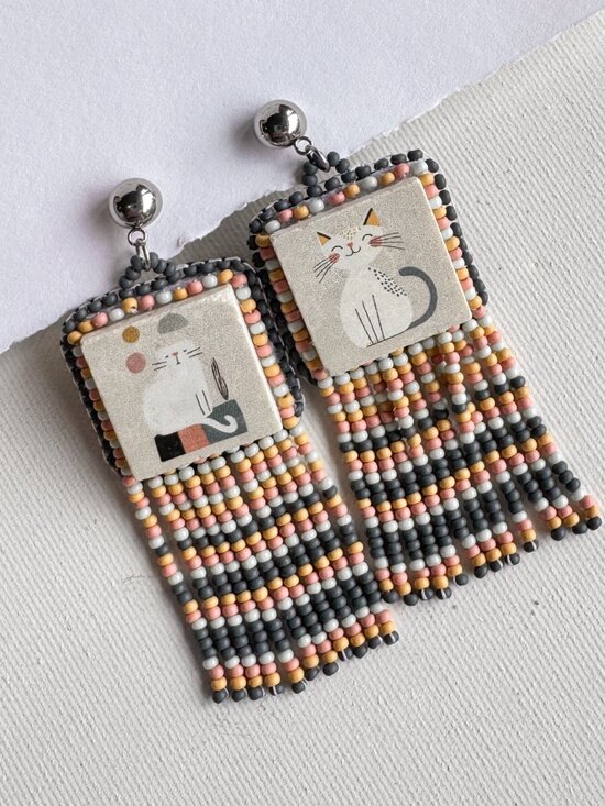 Handmade Ceramic Cat Fringe Earrings Beaded Statement Dangles - Picture 6 of 10